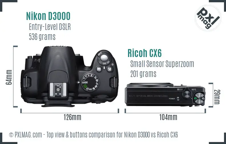 Nikon D3000 vs Ricoh CX6 top view buttons comparison