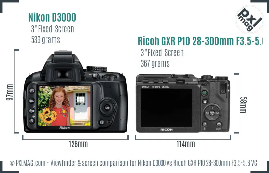 Nikon D3000 vs Ricoh GXR P10 28-300mm F3.5-5.6 VC Screen and Viewfinder comparison