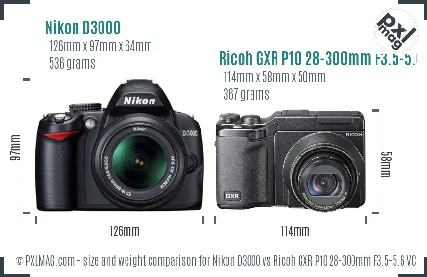 Nikon D3000 vs Ricoh GXR P10 28-300mm F3.5-5.6 VC size comparison
