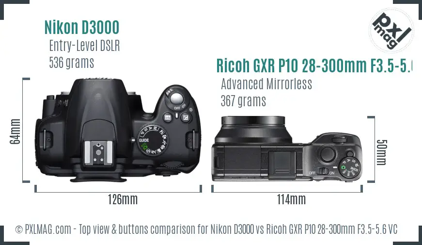 Nikon D3000 vs Ricoh GXR P10 28-300mm F3.5-5.6 VC top view buttons comparison