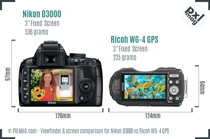 Nikon D3000 vs Ricoh WG-4 GPS Screen and Viewfinder comparison