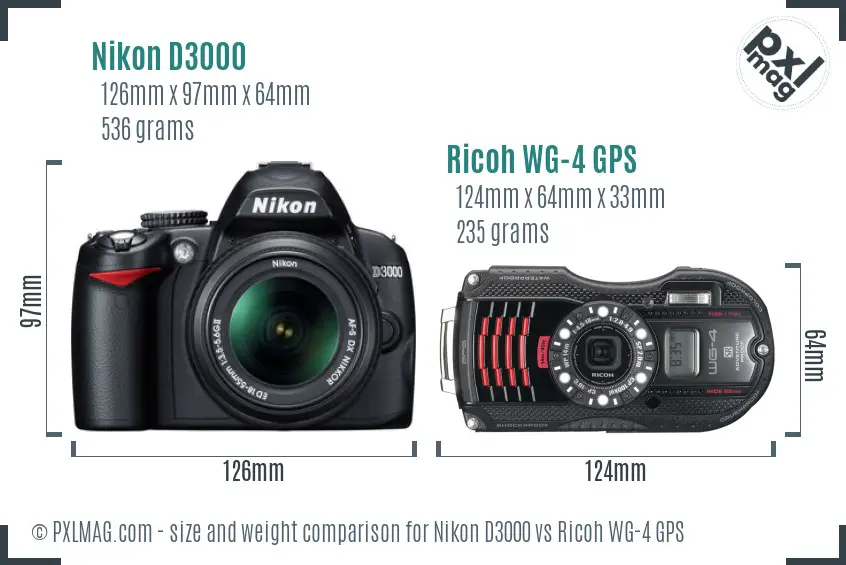 Nikon D3000 vs Ricoh WG-4 GPS size comparison