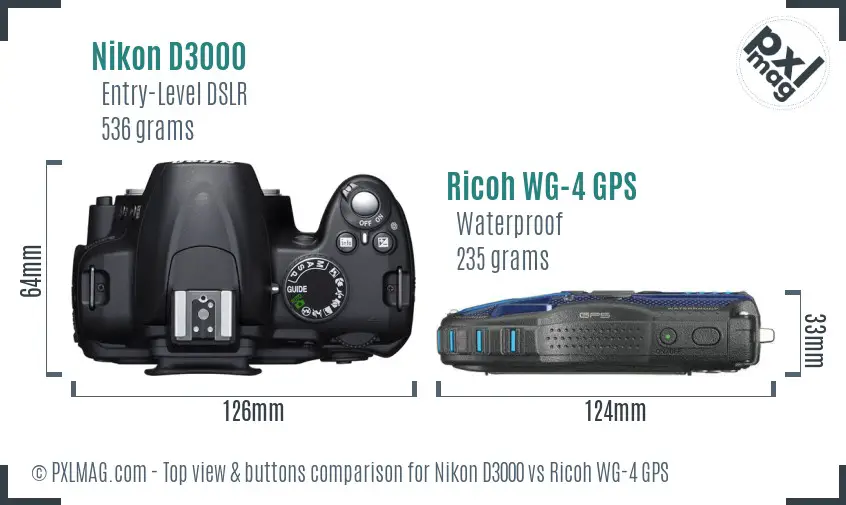 Nikon D3000 vs Ricoh WG-4 GPS top view buttons comparison