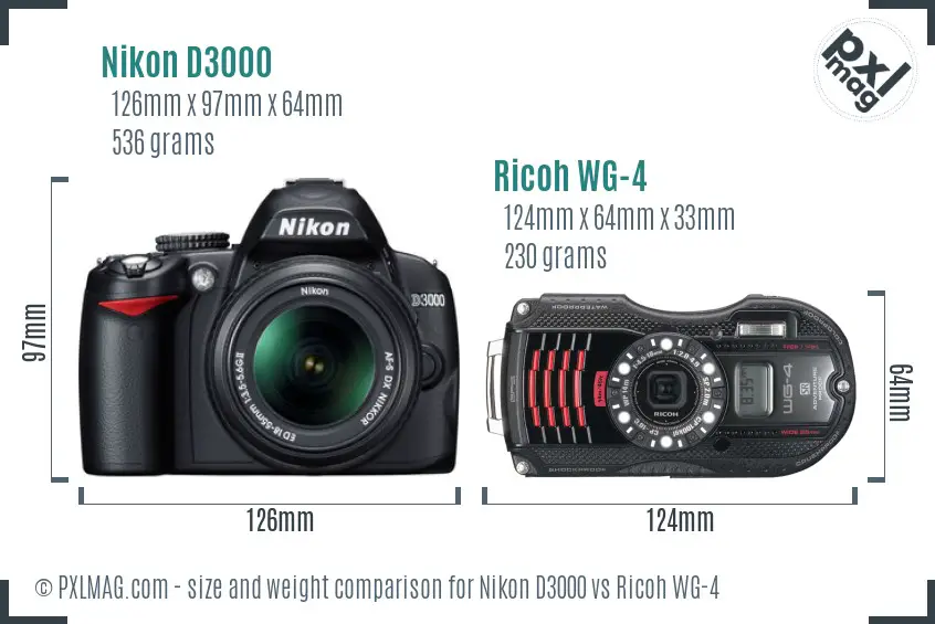 Nikon D3000 vs Ricoh WG-4 size comparison