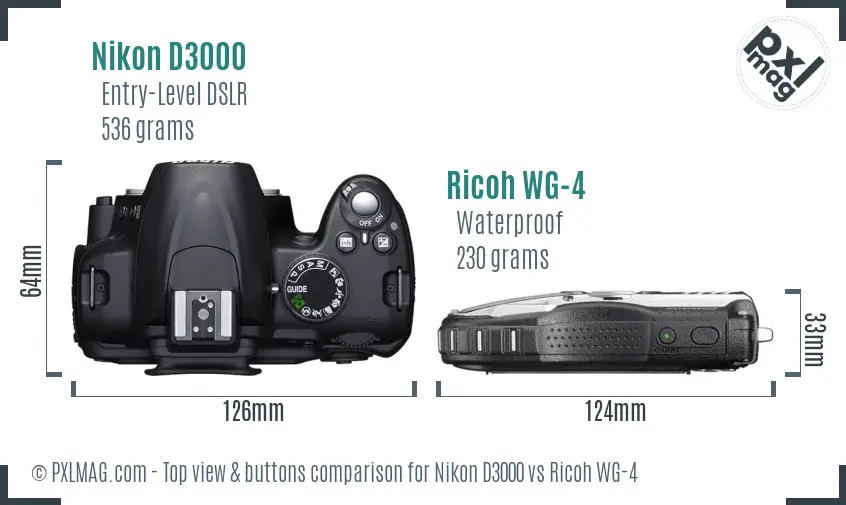Nikon D3000 vs Ricoh WG-4 top view buttons comparison