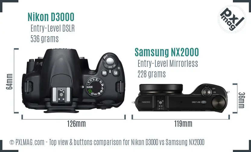 Nikon D3000 vs Samsung NX2000 top view buttons comparison