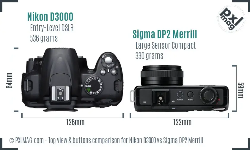 Nikon D3000 vs Sigma DP2 Merrill top view buttons comparison