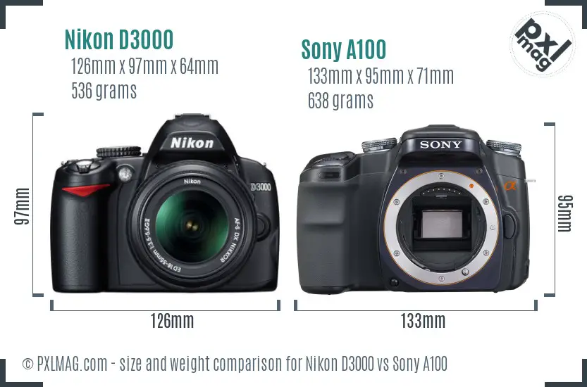 Nikon D3000 vs Sony A100 size comparison