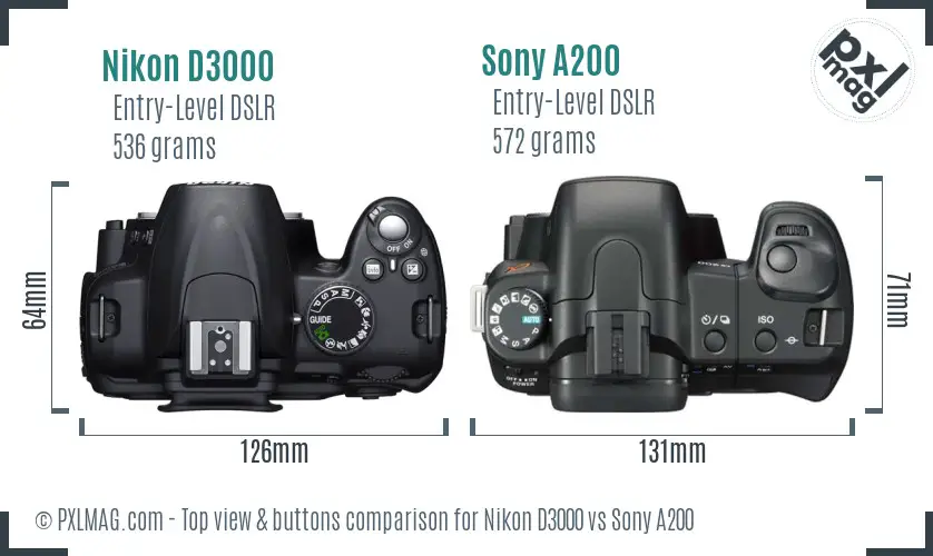 Nikon D3000 vs Sony A200 top view buttons comparison