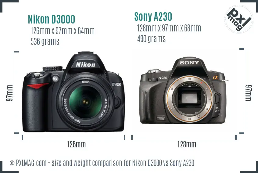 Nikon D3000 vs Sony A230 size comparison