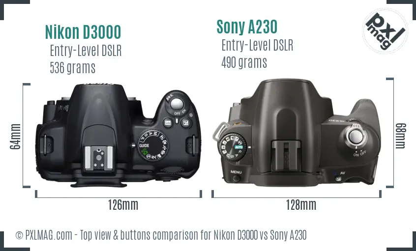 Nikon D3000 vs Sony A230 top view buttons comparison