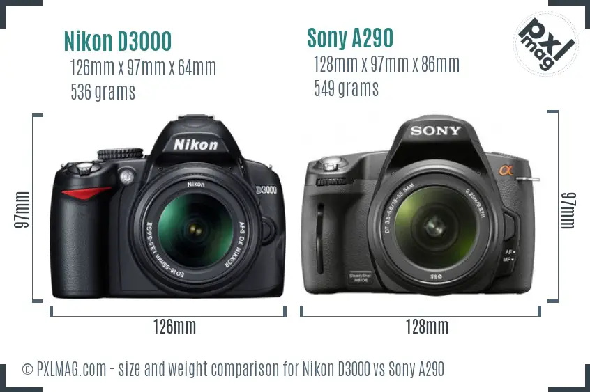 Nikon D3000 vs Sony A290 size comparison