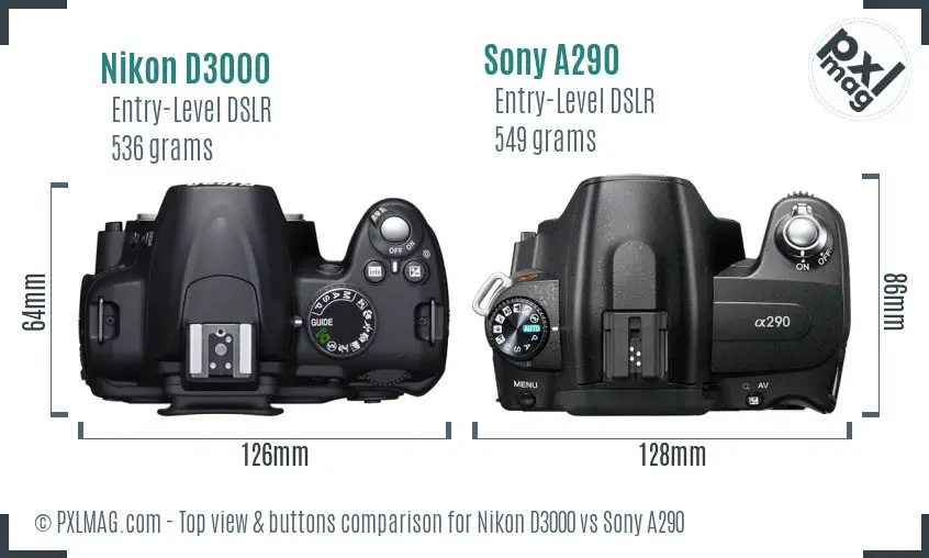 Nikon D3000 vs Sony A290 top view buttons comparison