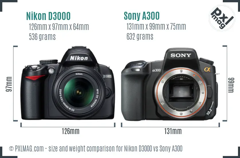 Nikon D3000 vs Sony A300 size comparison