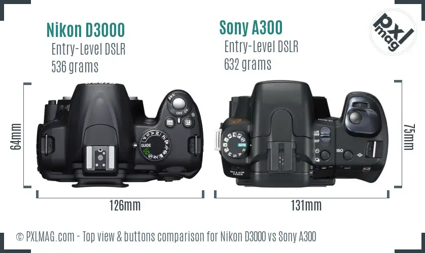 Nikon D3000 vs Sony A300 top view buttons comparison