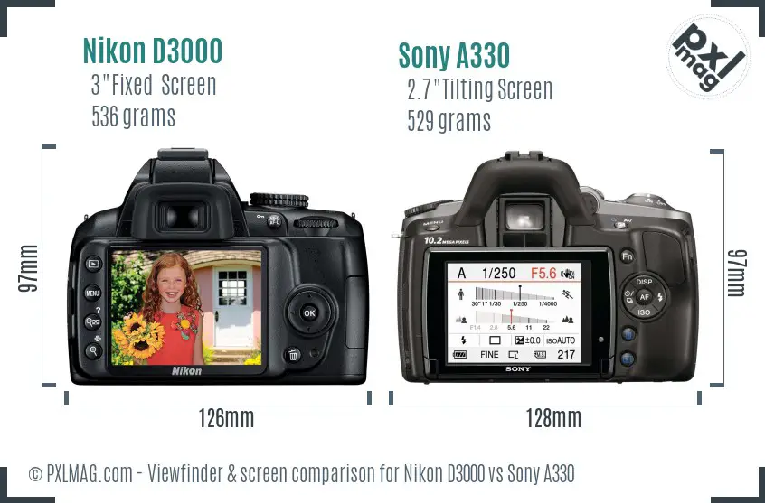 Nikon D3000 vs Sony A330 Screen and Viewfinder comparison
