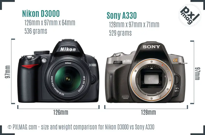 Nikon D3000 vs Sony A330 size comparison