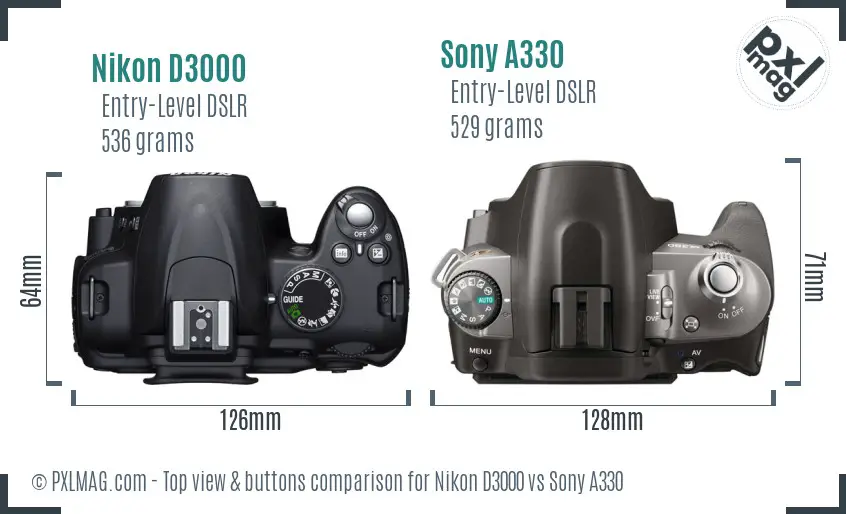 Nikon D3000 vs Sony A330 top view buttons comparison