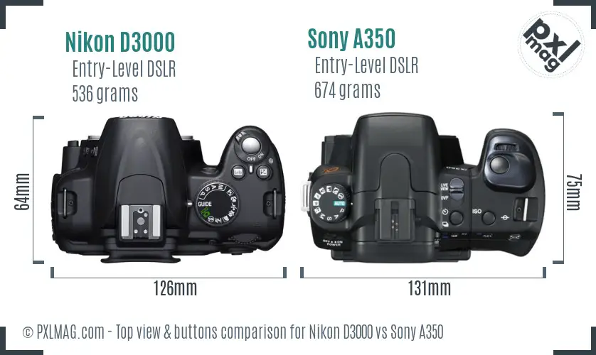 Nikon D3000 vs Sony A350 top view buttons comparison