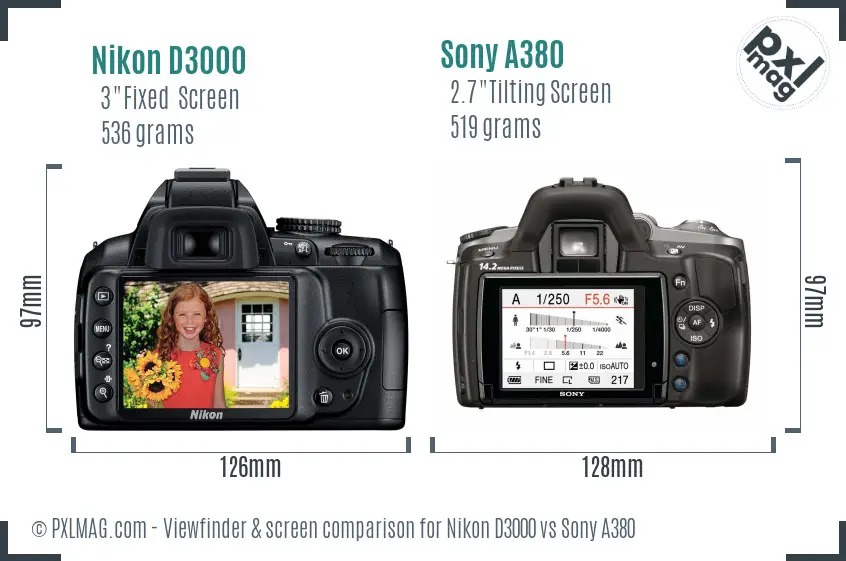 Nikon D3000 vs Sony A380 Screen and Viewfinder comparison