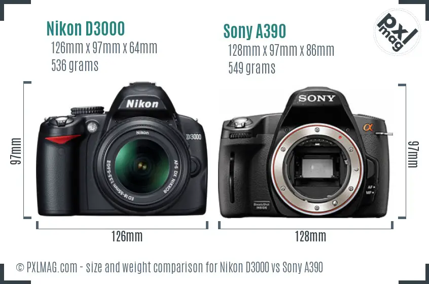 Nikon D3000 vs Sony A390 size comparison