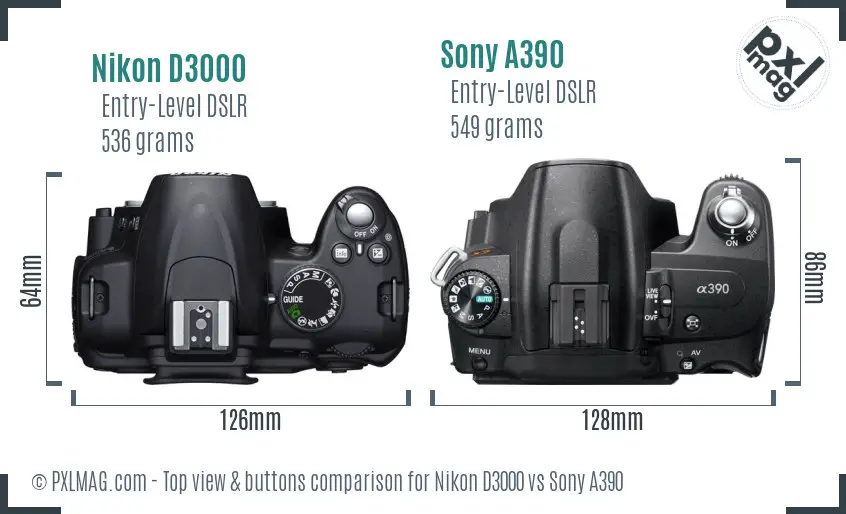 Nikon D3000 vs Sony A390 top view buttons comparison