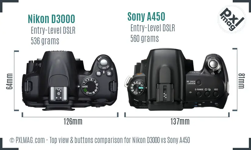 Nikon D3000 vs Sony A450 top view buttons comparison