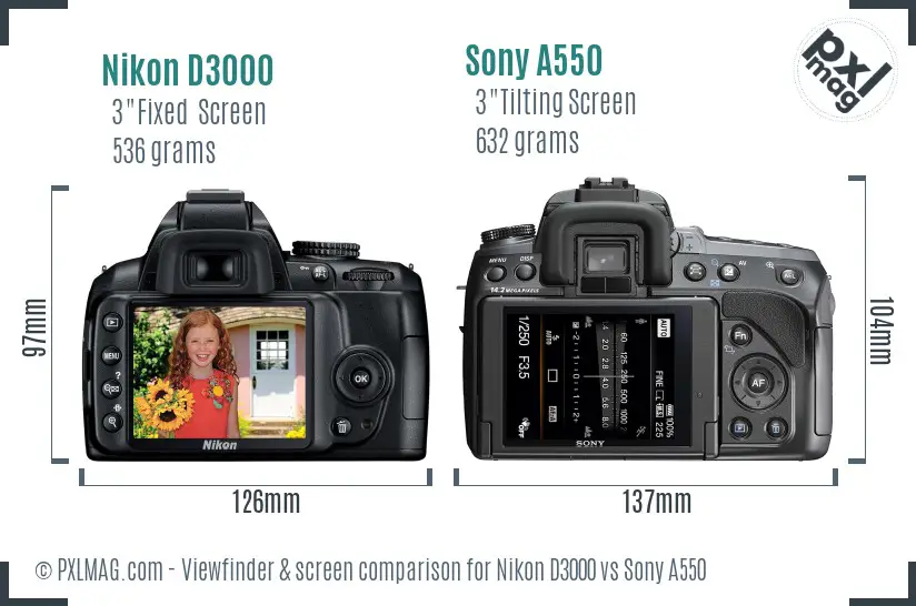 Nikon D3000 vs Sony A550 Screen and Viewfinder comparison