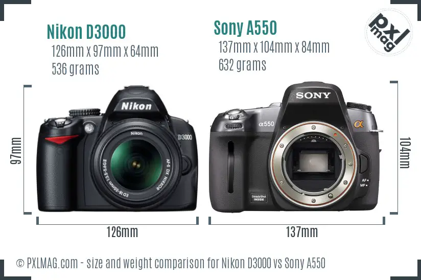 Nikon D3000 vs Sony A550 size comparison