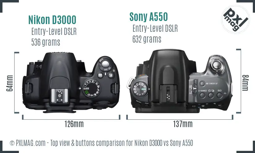 Nikon D3000 vs Sony A550 top view buttons comparison
