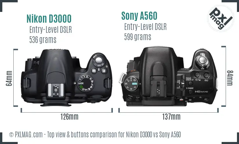 Nikon D3000 vs Sony A560 top view buttons comparison