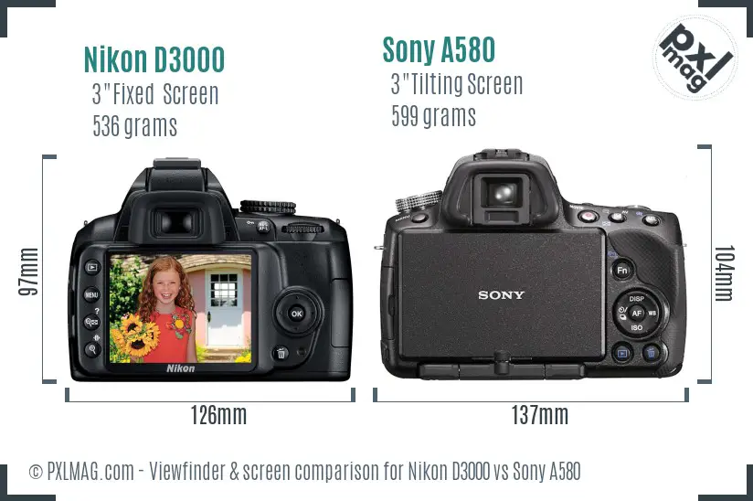 Nikon D3000 vs Sony A580 Screen and Viewfinder comparison