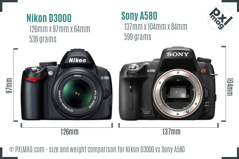 Nikon D3000 vs Sony A580 size comparison