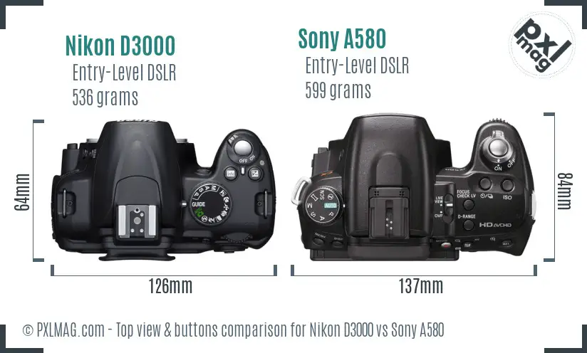 Nikon D3000 vs Sony A580 top view buttons comparison