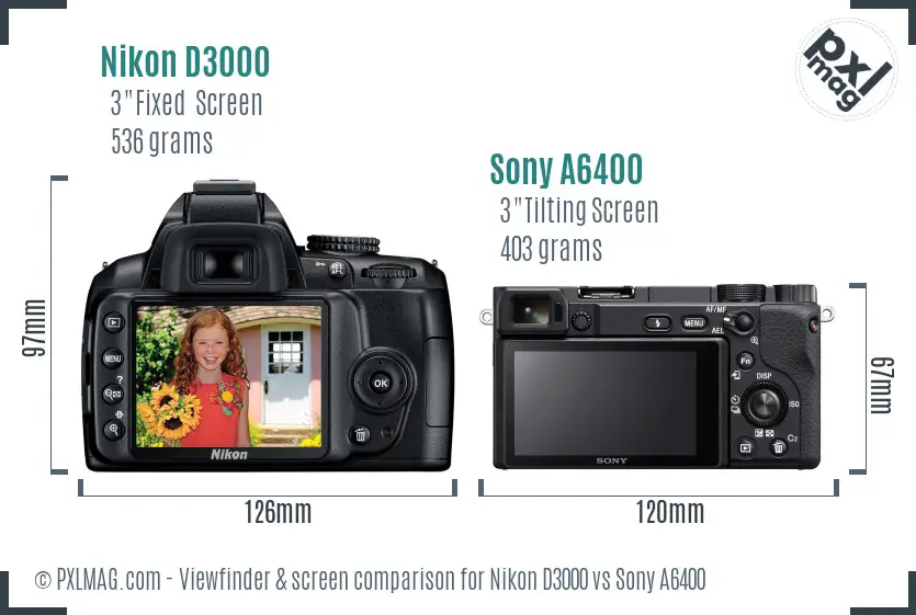 Nikon D3000 vs Sony A6400 Screen and Viewfinder comparison