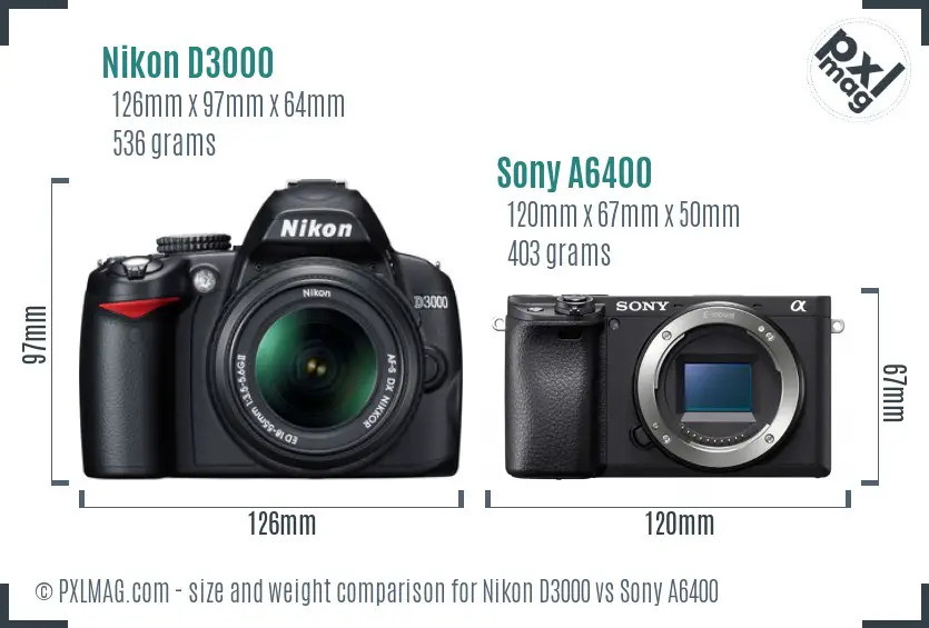 Nikon D3000 vs Sony A6400 size comparison
