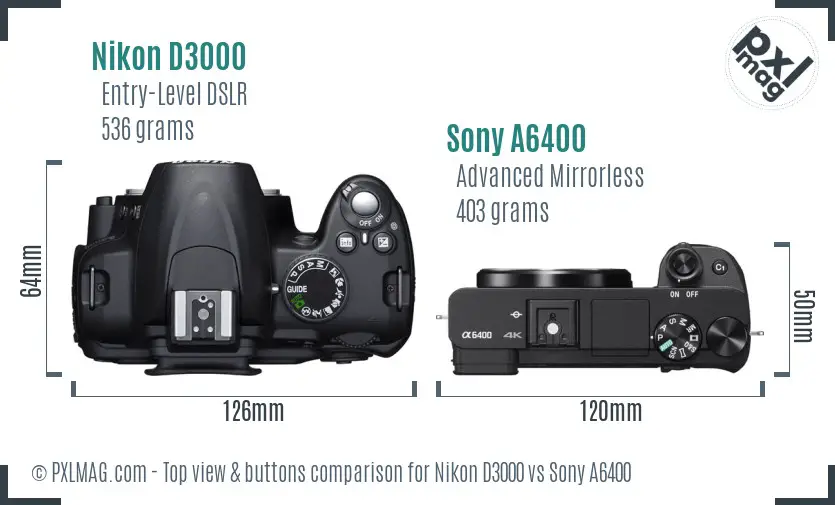 Nikon D3000 vs Sony A6400 top view buttons comparison
