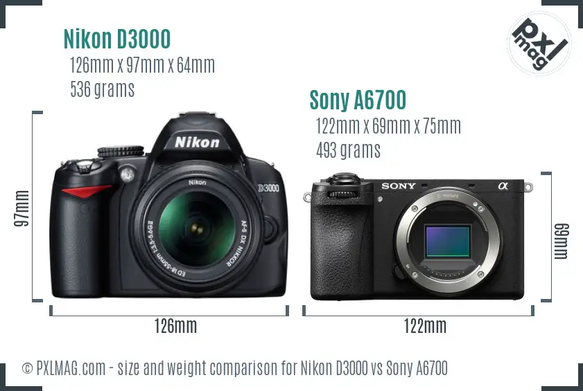 Size and ergonomics comparison between Nikon D3000 and Sony A6700