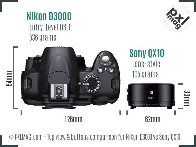 Nikon D3000 vs Sony QX10 top view buttons comparison