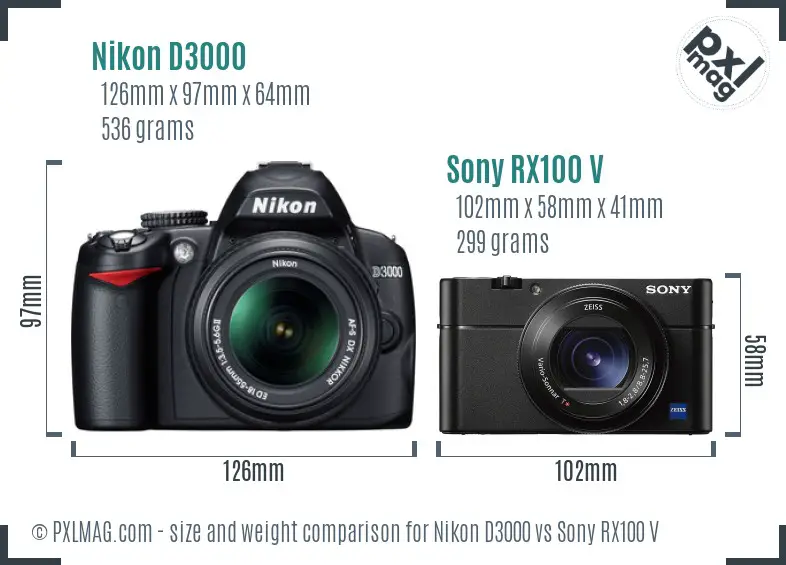Nikon D3000 vs Sony RX100 V size comparison