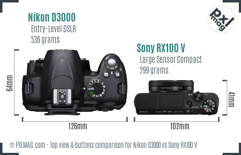 Nikon D3000 vs Sony RX100 V top view buttons comparison
