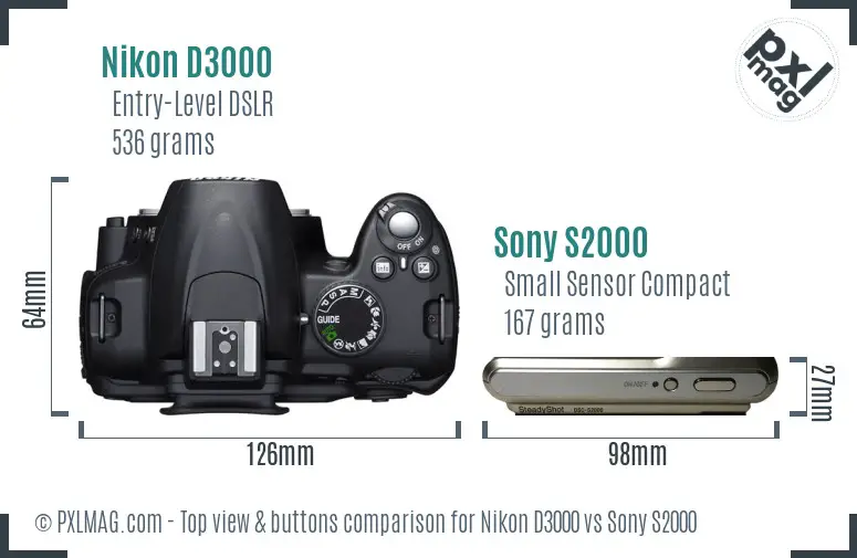 Nikon D3000 vs Sony S2000 top view buttons comparison
