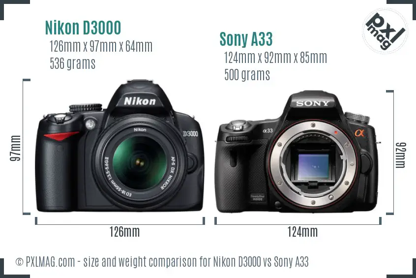 Nikon D3000 vs Sony A33 size comparison