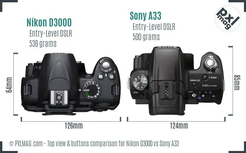 Nikon D3000 vs Sony A33 top view buttons comparison