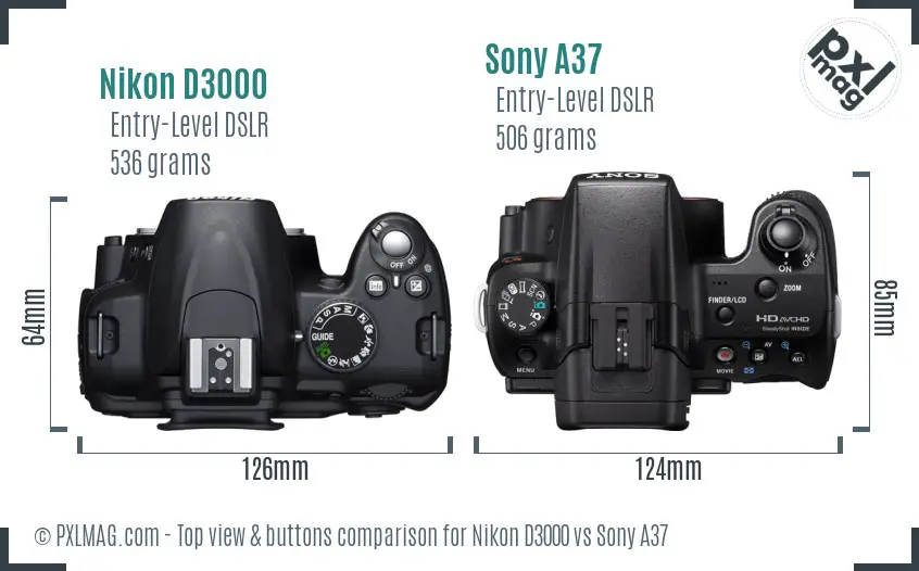 Nikon D3000 vs Sony A37 top view buttons comparison