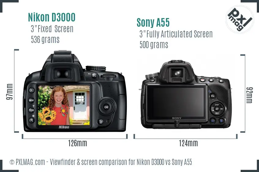 Nikon D3000 vs Sony A55 Screen and Viewfinder comparison