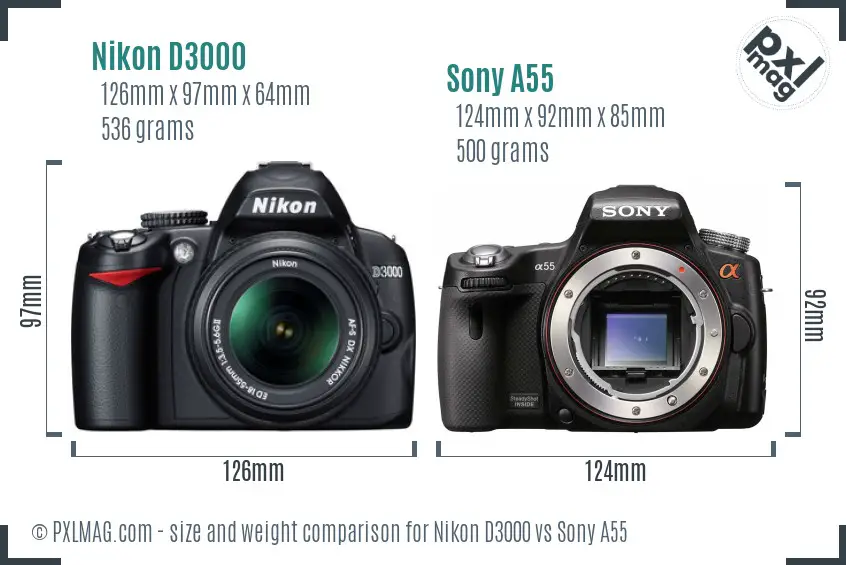 Nikon D3000 vs Sony A55 size comparison