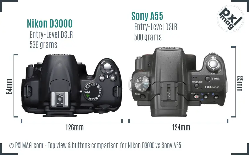 Nikon D3000 vs Sony A55 top view buttons comparison