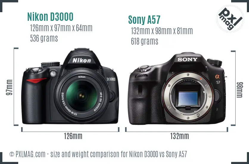 Nikon D3000 vs Sony A57 size comparison