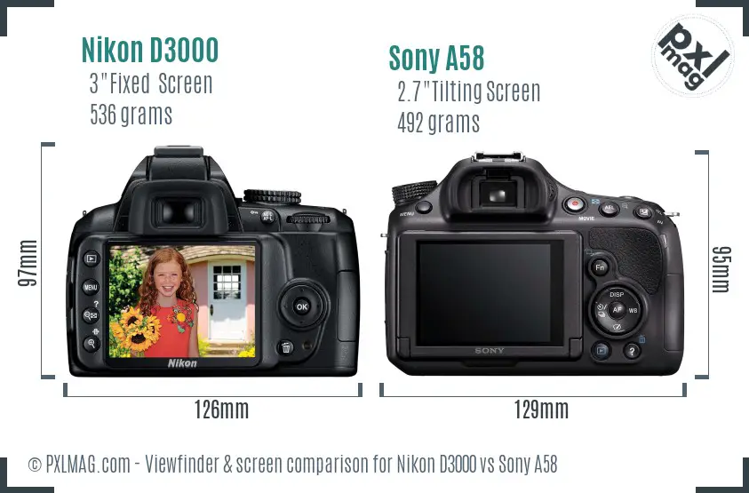Nikon D3000 vs Sony A58 Screen and Viewfinder comparison